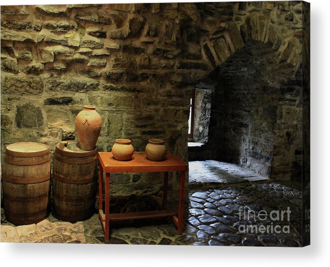 Donegal On Your Wall Acrylic Print featuring the photograph Donegal Castle Interior with Barrels and Pots by Eddie Barron