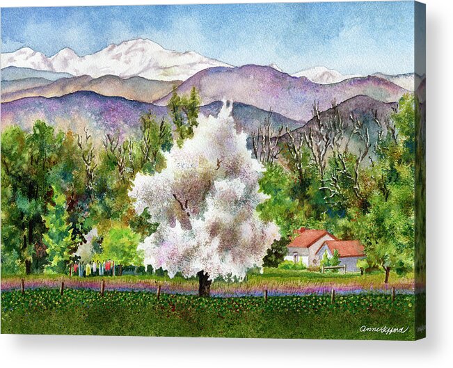 Blossoming Tree Painting Acrylic Print featuring the painting Celeste's Farm by Anne Gifford