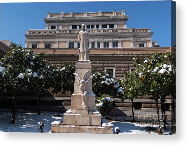 Attica Acrylic Print featuring the photograph Charilaos Trikoupis statue with snow by George Atsametakis
