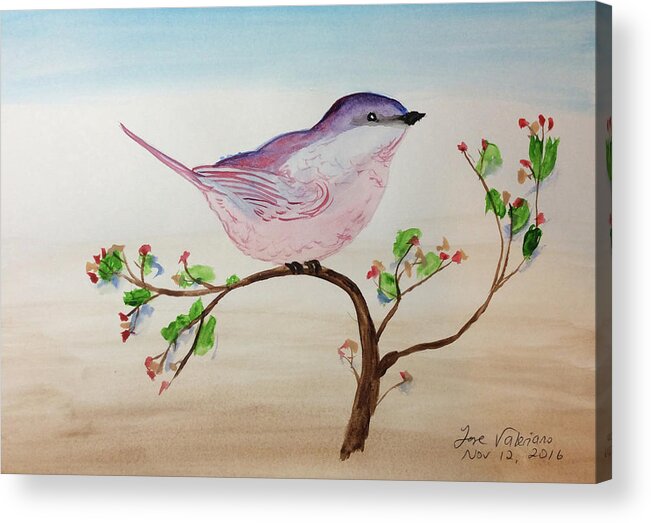 Watercolor Acrylic Print featuring the painting Chickadee standing on a branch looking by Martin Valeriano