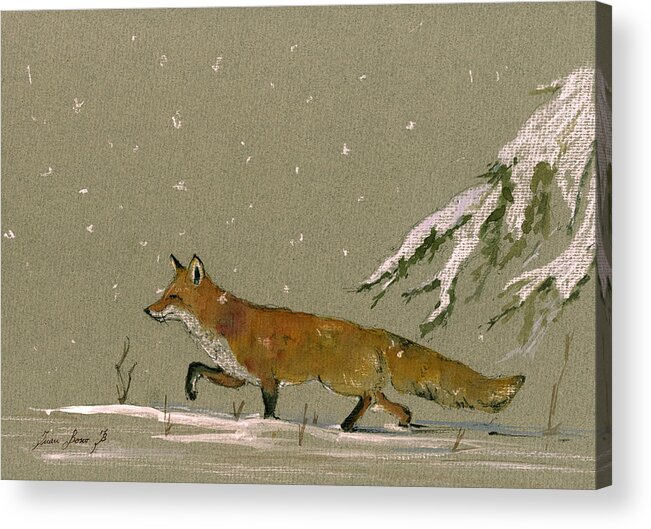 Fox In The Snow Acrylic Print featuring the painting Christmas fox snow by Juan Bosco