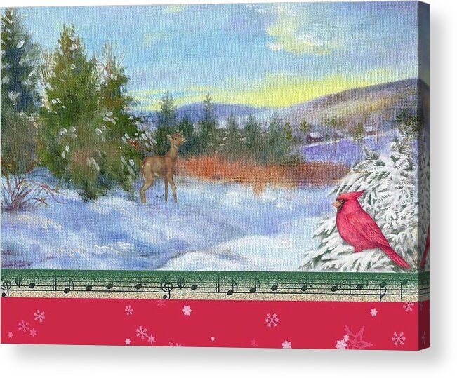 Snowscape Acrylic Print featuring the painting Classic Winterscape with cardinal and reindeer by Judith Cheng