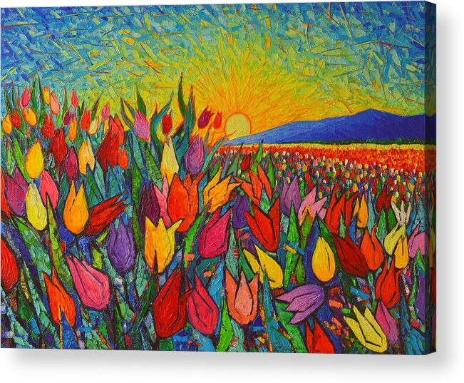 Tulip Acrylic Print featuring the painting Colorful Tulips Field Sunrise - Abstract Impressionist Palette Knife Painting By Ana Maria Edulescu by Ana Maria Edulescu