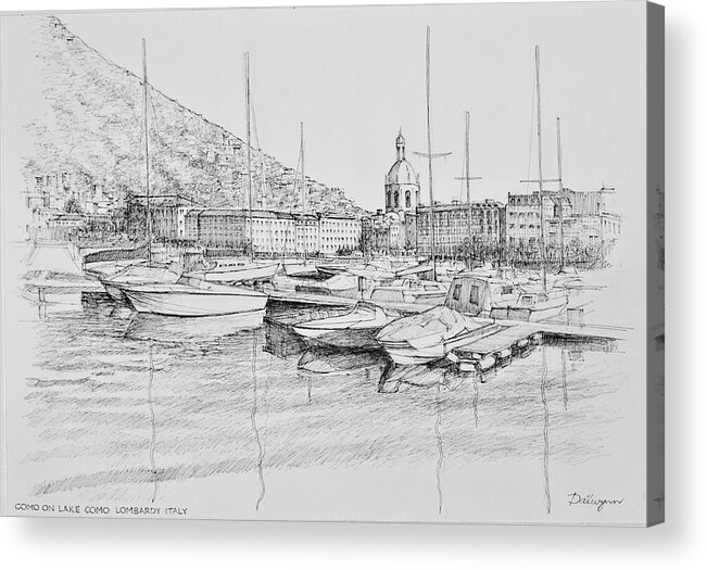 Lake Acrylic Print featuring the drawing Como on Lake Como Lombardy Italy by Dai Wynn