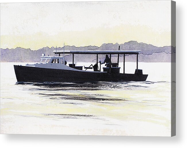 Original Painting Seascape Boats Multimedia Acrylic Oil Crab Boat Chesapeake Bay Maryland Acrylic Print featuring the painting Crab Boat Slick Calm Day Chesapeake Bay Maryland by G Linsenmayer
