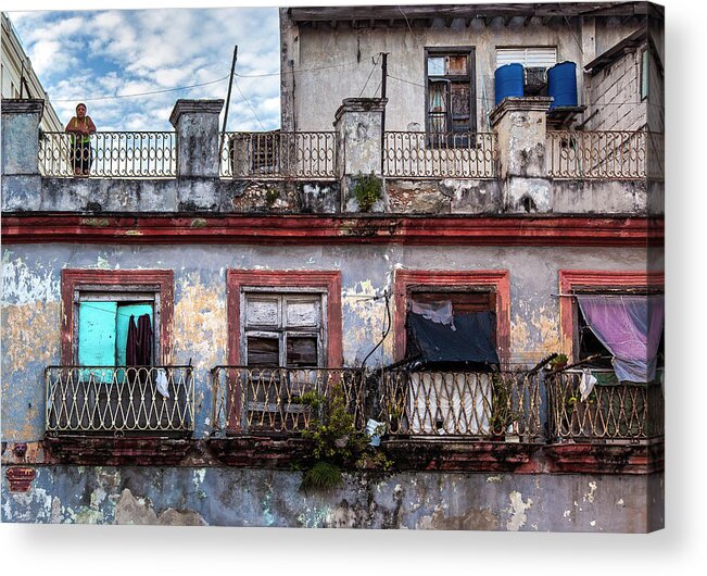 Cuban Woman At Calle Bernaza Havana Cuba Photography By Charles Harden Dilapidated Apartment Building Rusty Balconies Acrylic Print featuring the photograph Cuban Woman at Calle Bernaza Havana Cuba by Charles Harden