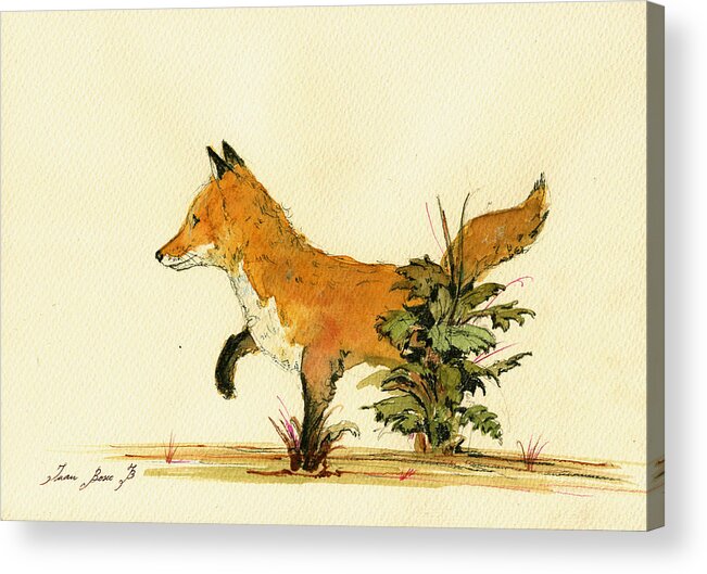 Fox Art Wall Acrylic Print featuring the painting Cute fox in the forest by Juan Bosco