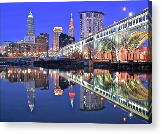 Cuyahoga Acrylic Print featuring the photograph Cuyahoga River Blue Hour by Frozen in Time Fine Art Photography