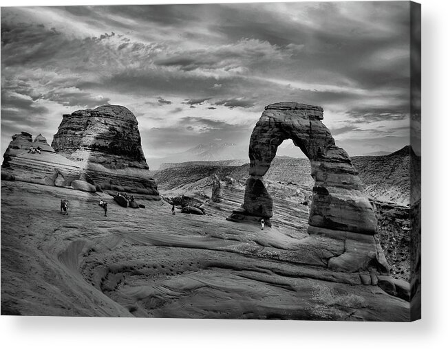 Delicate Arch Acrylic Print featuring the photograph Delicate Arch at Sunset - Black and White by Gregory Ballos
