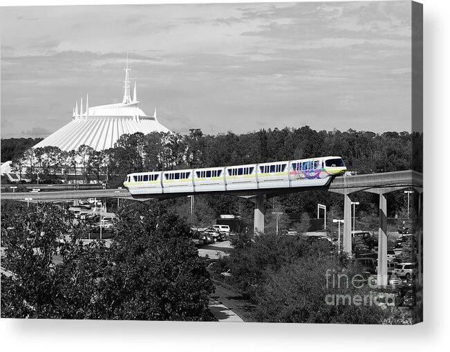 Travelpixpro Disney World Acrylic Print featuring the photograph Disney World Monorail Color Splash Black and White Prints by Shawn O'Brien