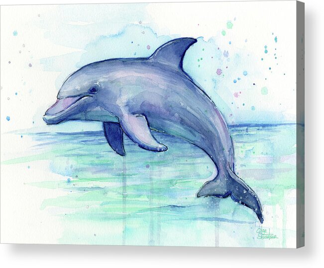 Dolphin Acrylic Print featuring the painting Dolphin Watercolor by Olga Shvartsur