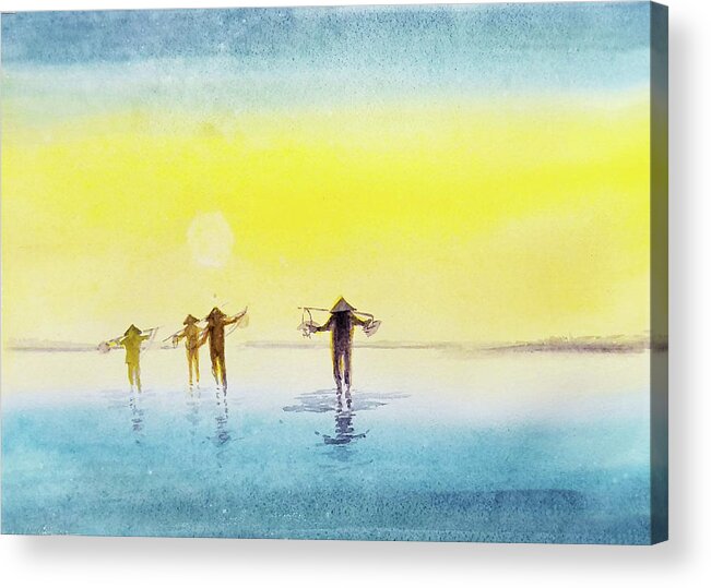 Fishing Acrylic Print featuring the painting Done for the day. by Asha Sudhaker Shenoy