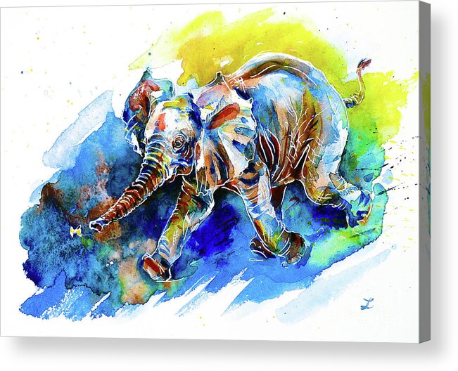 Elephant Acrylic Print featuring the painting Elephant Calf playing with Butterfly by Zaira Dzhaubaeva