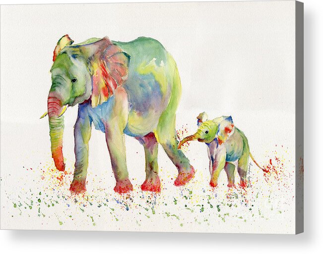 Elephant Acrylic Print featuring the painting Elephant Family Watercolor by Melly Terpening