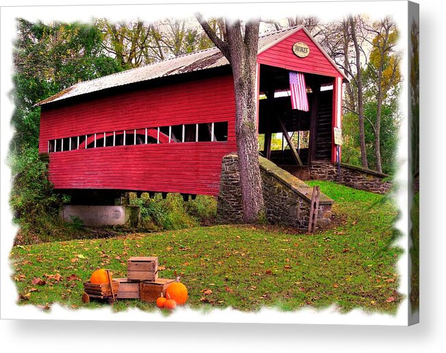 Heikes Covered Bridge Acrylic Print featuring the photograph Pennsylvania Country Roads - Heikes Covered Bridge Over Bermudian Creek - Adams County Autumn #1 by Michael Mazaika
