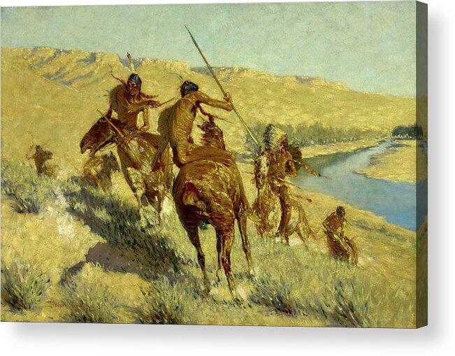 Native Americans Acrylic Print featuring the painting Episode of the Buffalo Gun by Frederic Sackrider Remington