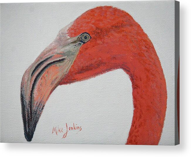 Flamingo Acrylic Print featuring the painting Face to Face with Flamingo by Mike Jenkins