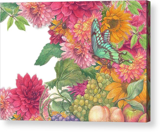 Sunflower Acrylic Print featuring the painting Fall Florals with illustrated butterfly by Judith Cheng