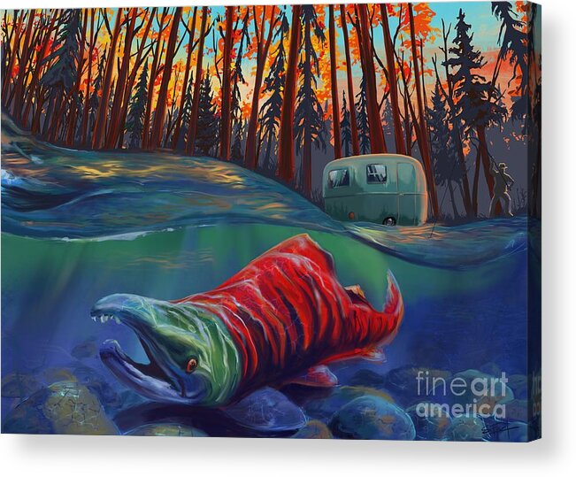 Fishing Painting Acrylic Print featuring the painting Fall Salmon fishing by Sassan Filsoof