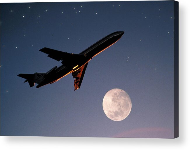 Vacation; Holiday; Adventure; Airborne; Aircraft; Airline; Airliner; Airliners; Airlines; Airplane; Airplanes; Airtravel; Aviation; Commercial; Flight; Flying; Full Moon; Jet; Journey; Moon; Moons; Plane; Planes; Skies; Sky; Stars; Transportation Acrylic Print featuring the photograph Far Horizons by Gerard Fritz