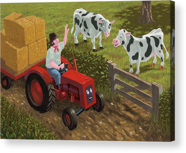 Farmer Acrylic Print featuring the painting Farmer Visiting Cows In Field by Martin Davey