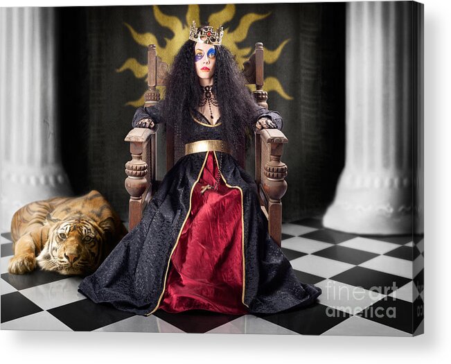 Queen Acrylic Print featuring the photograph Fashion queen in crown sitting in jester court by Jorgo Photography