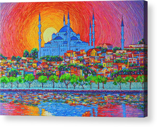 Istanbul Acrylic Print featuring the painting Fiery Sunset Over Blue Mosque Hagia Sophia In Istanbul Turkey by Ana Maria Edulescu