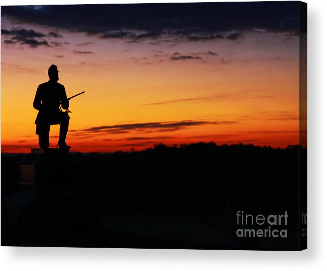 First Pennsylvania Cavalry Sunrise Gettysburg Acrylic Print featuring the photograph First Pennsylvania Cavalry Sunrise Gettysburg by Randy Steele