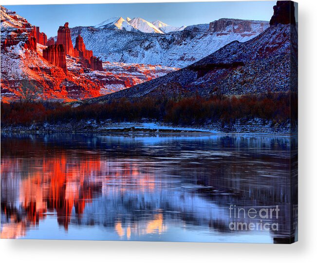 Fisher Towers Acrylic Print featuring the photograph Fisher Towers Sunset Winter Landscape by Adam Jewell