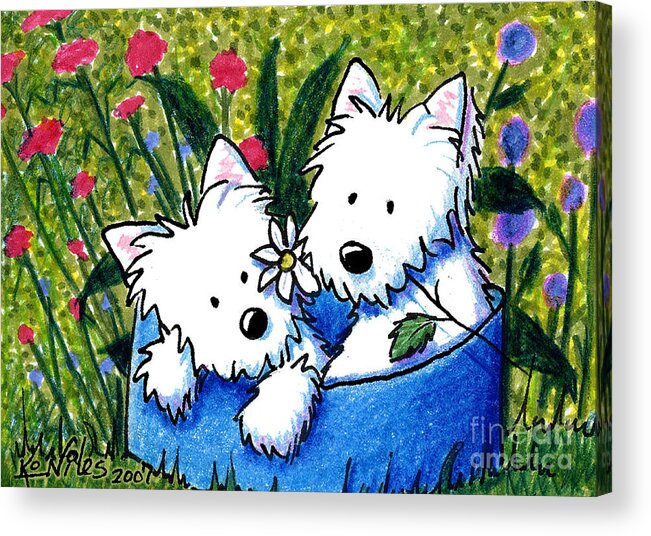 Dog Acrylic Print featuring the painting Flower Bed Westies by Kim Niles