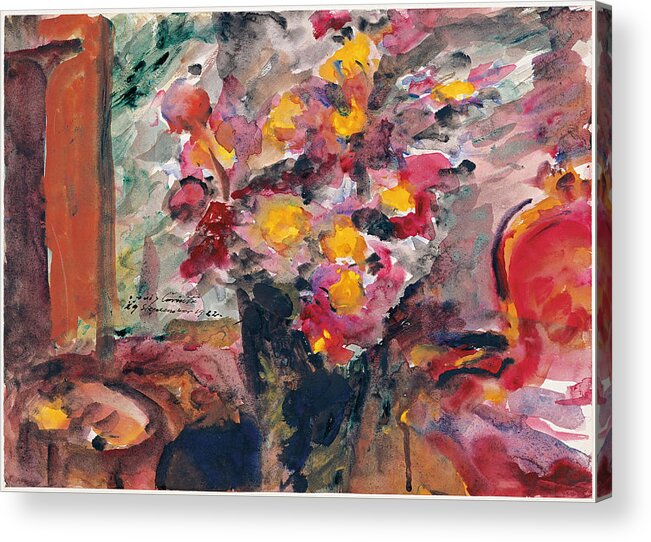 Lovis Corinth Acrylic Print featuring the painting Flower Vase on a Table by Lovis Corinth