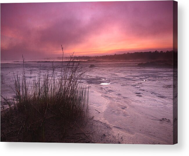 Landscape Acrylic Print featuring the photograph Foggy Sunset at Singing Sands by Cale Best