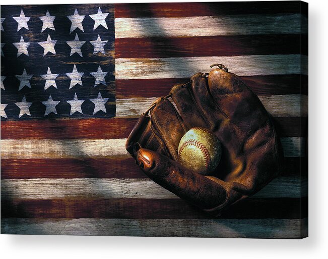 Folk Art American Flag Acrylic Print featuring the photograph Folk art American flag and baseball mitt by Garry Gay