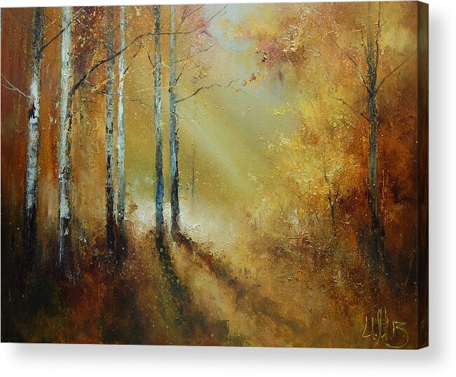 Russian Artists New Wave Acrylic Print featuring the painting Golden Light in Autumn Woods by Igor Medvedev