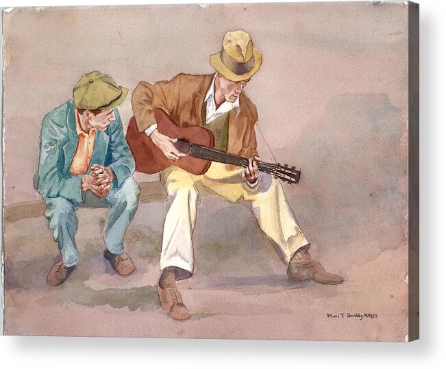 Vintage Look Acrylic Print featuring the painting He can sure play that guitar by Mimi Boothby