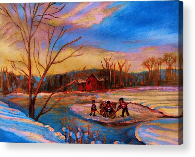 Pond Hockey Acrylic Print featuring the painting Hockey Game On Frozen Pond by Carole Spandau