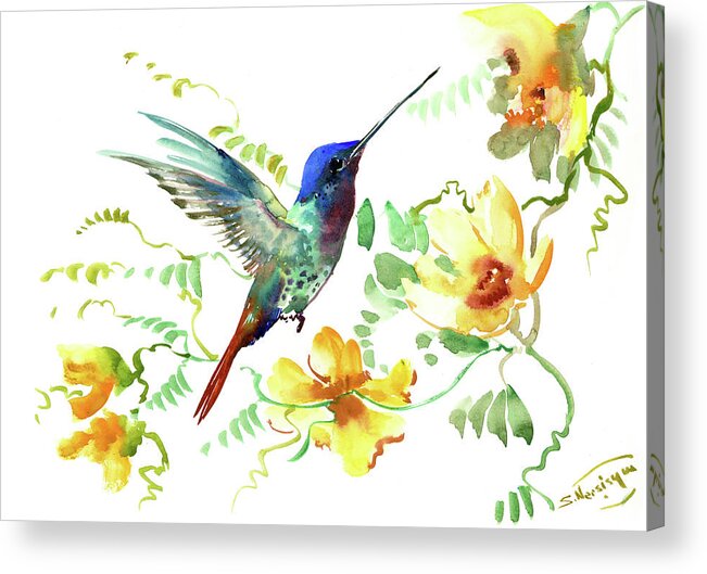 Hummingbird Acrylic Print featuring the painting Hummibgbird and Yellow Flowers by Suren Nersisyan