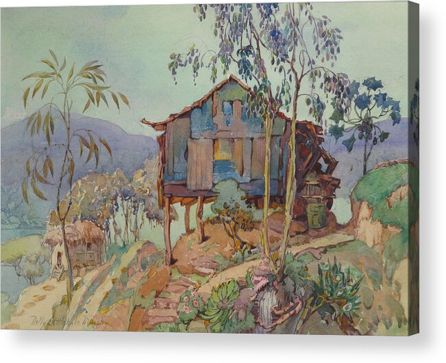 Hut In Tropical Landscape By Nelly Littlehale Murphy (1867-1941) Acrylic Print featuring the painting Hut in Tropical Landscape by Nelly Littlehale Murphy