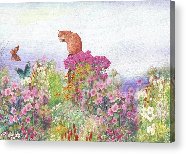 Illustrated Garden Acrylic Print featuring the painting Illustrated Cat in Garden by Judith Cheng