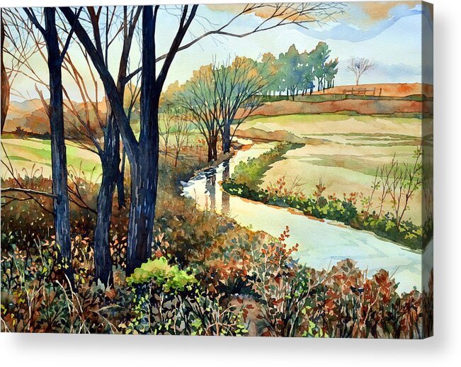 #watercolor #nature #landscape #stream #river #wild #green #sunset #art #painting Acrylic Print featuring the painting In the Wilds by Mick Williams