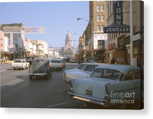 Austin Acrylic Print featuring the photograph A historical 1965 photo antique automobiles fill the downtown Austin streets of Congress Avenue by Dan Herron