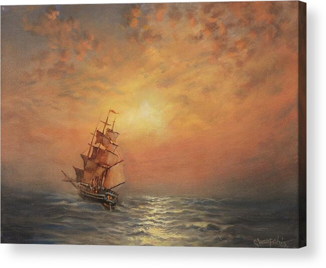 Sailing Ship Acrylic Print featuring the painting Into the Sunset by Tom Shropshire