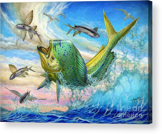 Flyingfish Acrylic Print featuring the painting Jumping Mahi Mahi And Flyingfish by Terry Fox