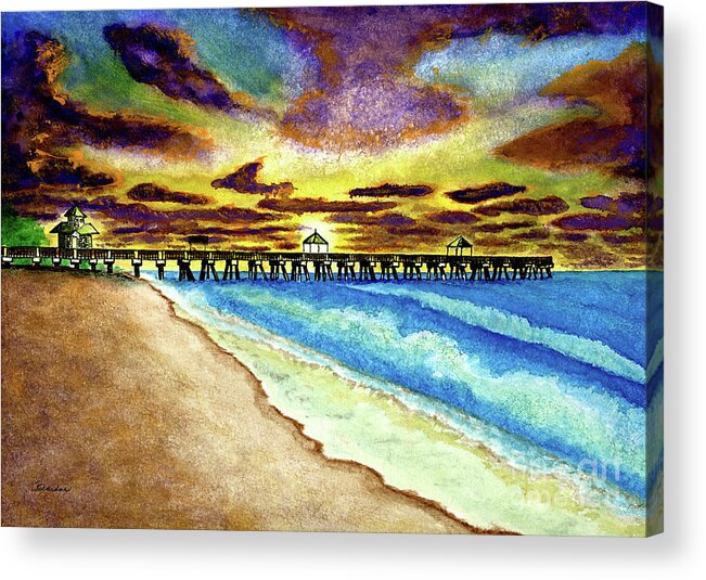 Aqua Acrylic Print featuring the painting Juno Beach Pier Florida Seascape Sunrise Painting A1 by Ricardos Creations