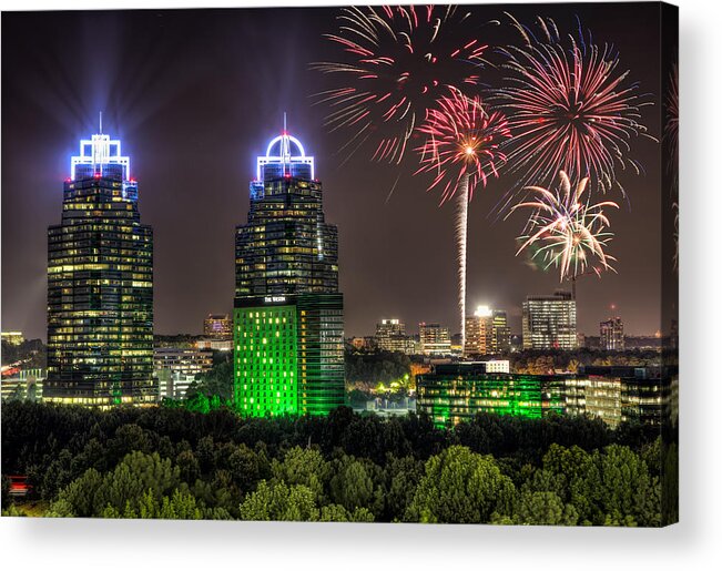 Sandy Springs Acrylic Print featuring the photograph King And Queen Buildings Fireworks by Anna Rumiantseva