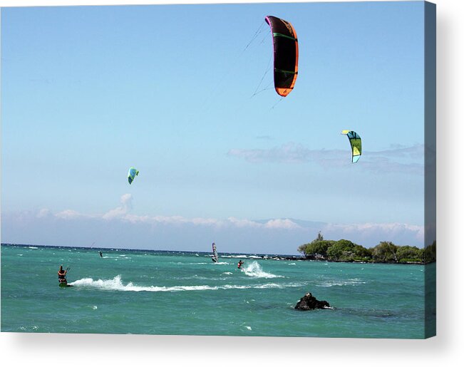 kite Surfers Acrylic Print featuring the photograph Kite Surfers and Maui by Karen Nicholson