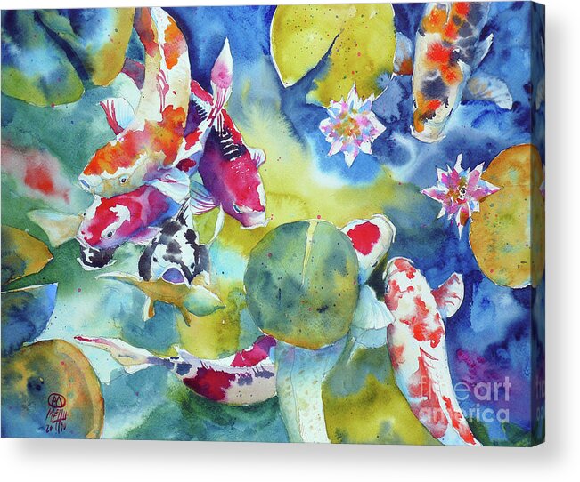Watercolor Acrylic Print featuring the painting Koi And Two Waterlilies Flowers by Andre MEHU