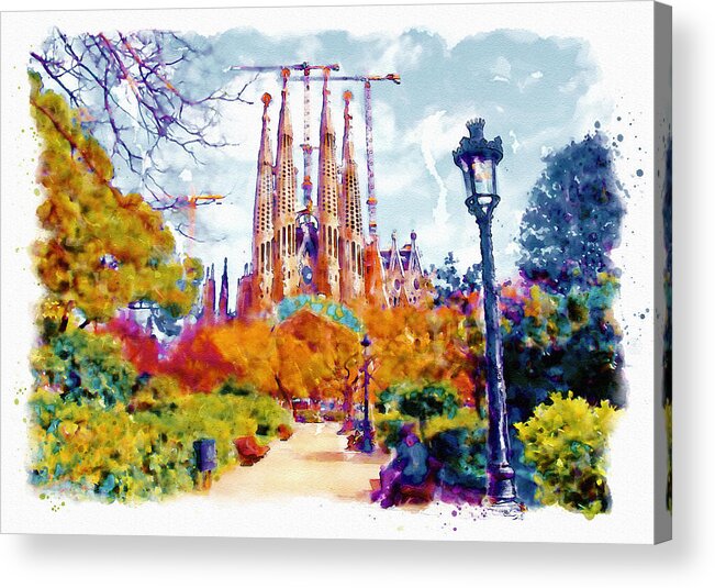Marian Voicu Acrylic Print featuring the painting La Sagrada Familia - Park View by Marian Voicu