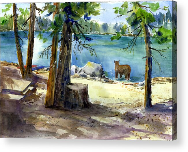 Always On The Lookout For A Bear. Here Is One At Lake Valley Enjoying The Lake That I Like To Kayak In. Acrylic Print featuring the painting Lake Valley Bear by Joan Chlarson