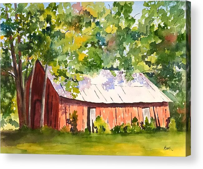 Red Acrylic Print featuring the painting Landmark Red Smokehouse by Beth Fontenot